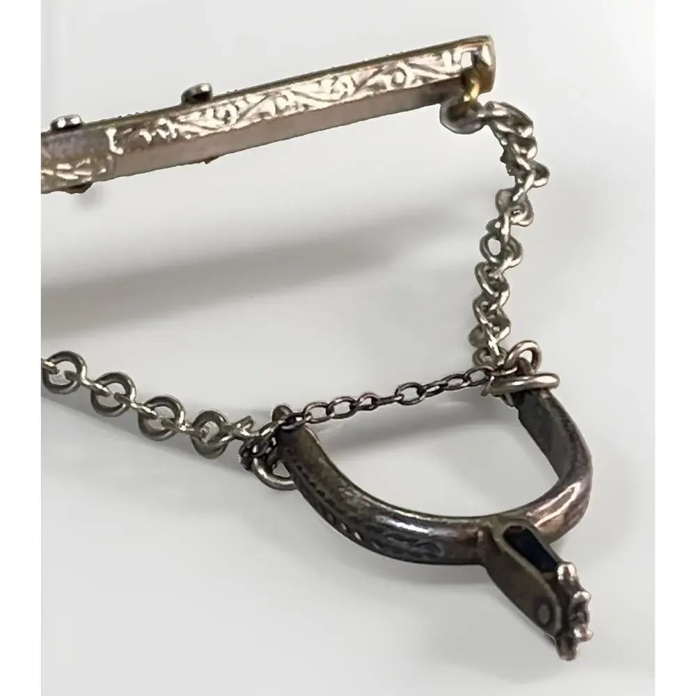 Vintage Sterling Silver Boot Spur Tie Clip Chain Silver Tone Western Cowboy 3”